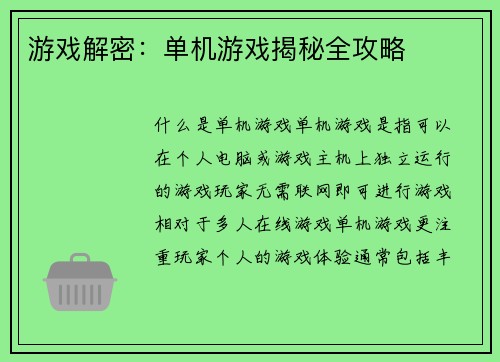 游戏解密：单机游戏揭秘全攻略